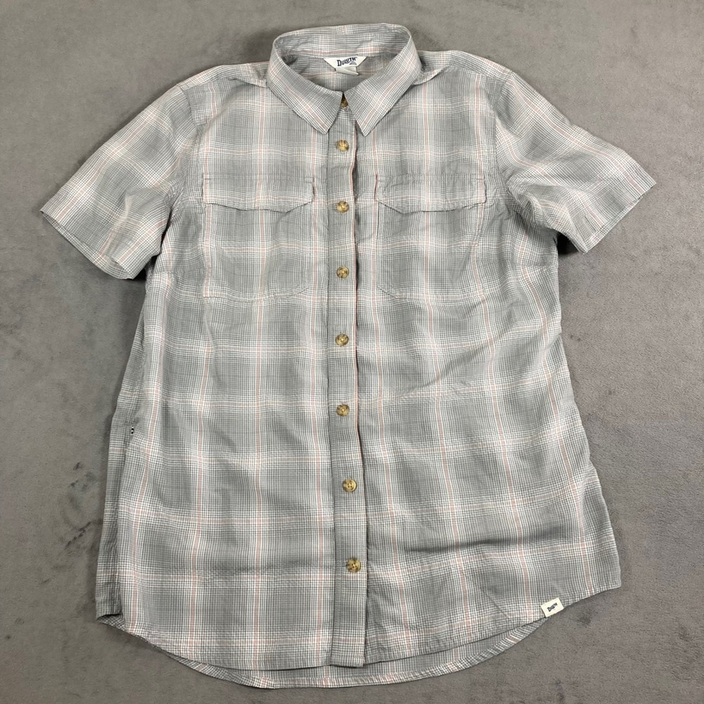 Duluth Trading Co Womens Small Grey Plaid Short Sleeve Button Down Hiking Shirt